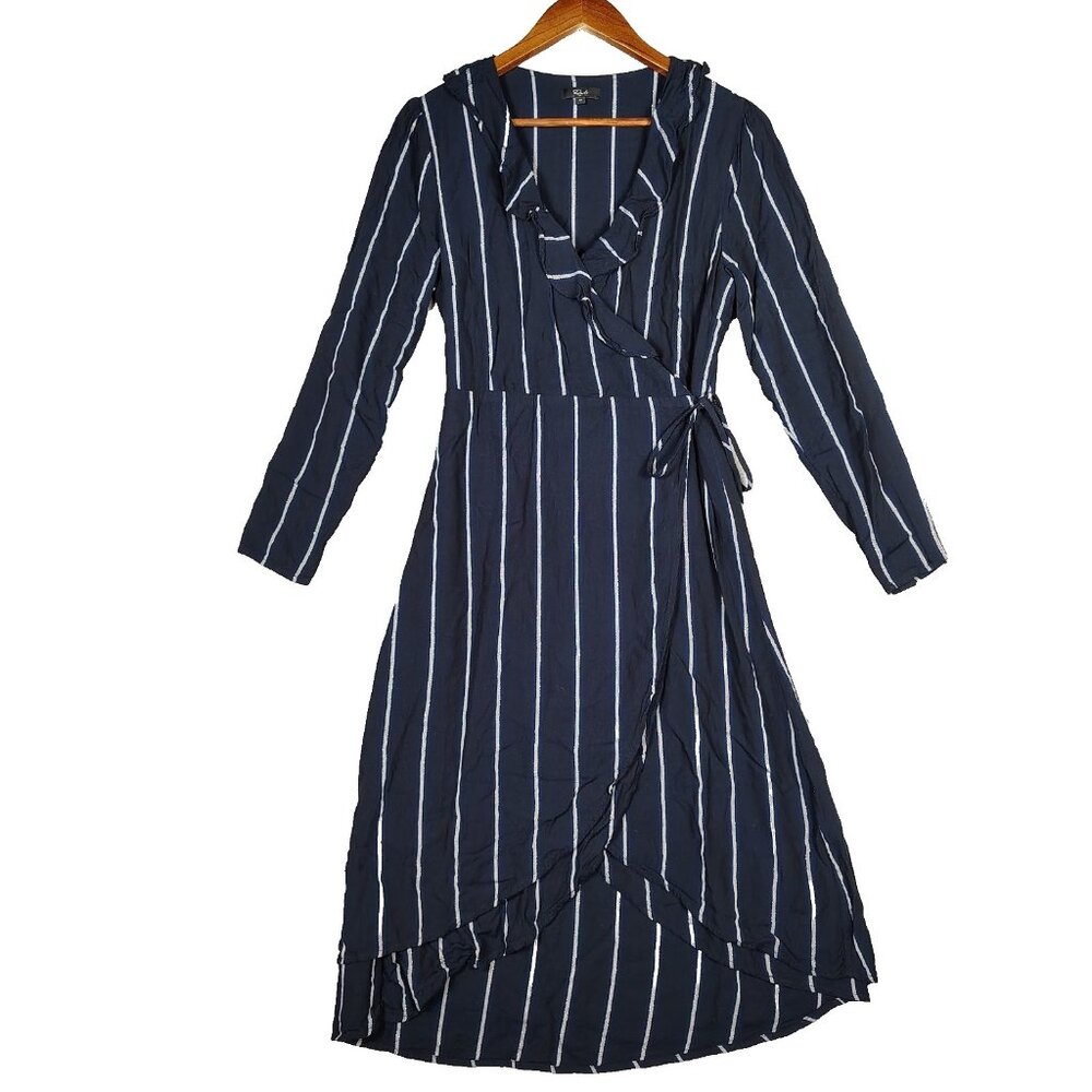 Rails Priya Wrap Dress Women's Medium Blue Metallic Stripe Ruffle High-Low Hem